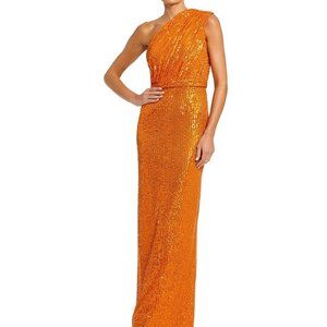 Ieena for Mac Duggal Sequined Ruched One Shoulder Gown - Orange